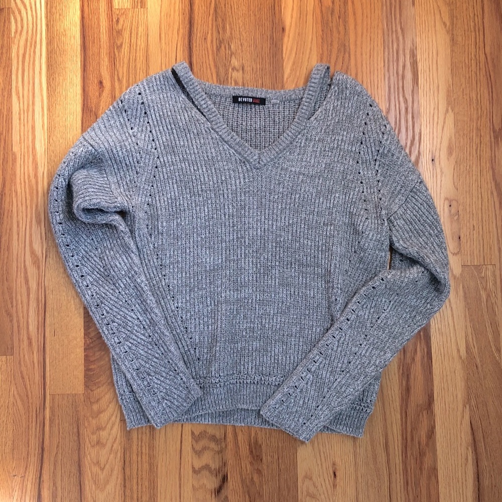 Grey Knit Split Neck Sweater
